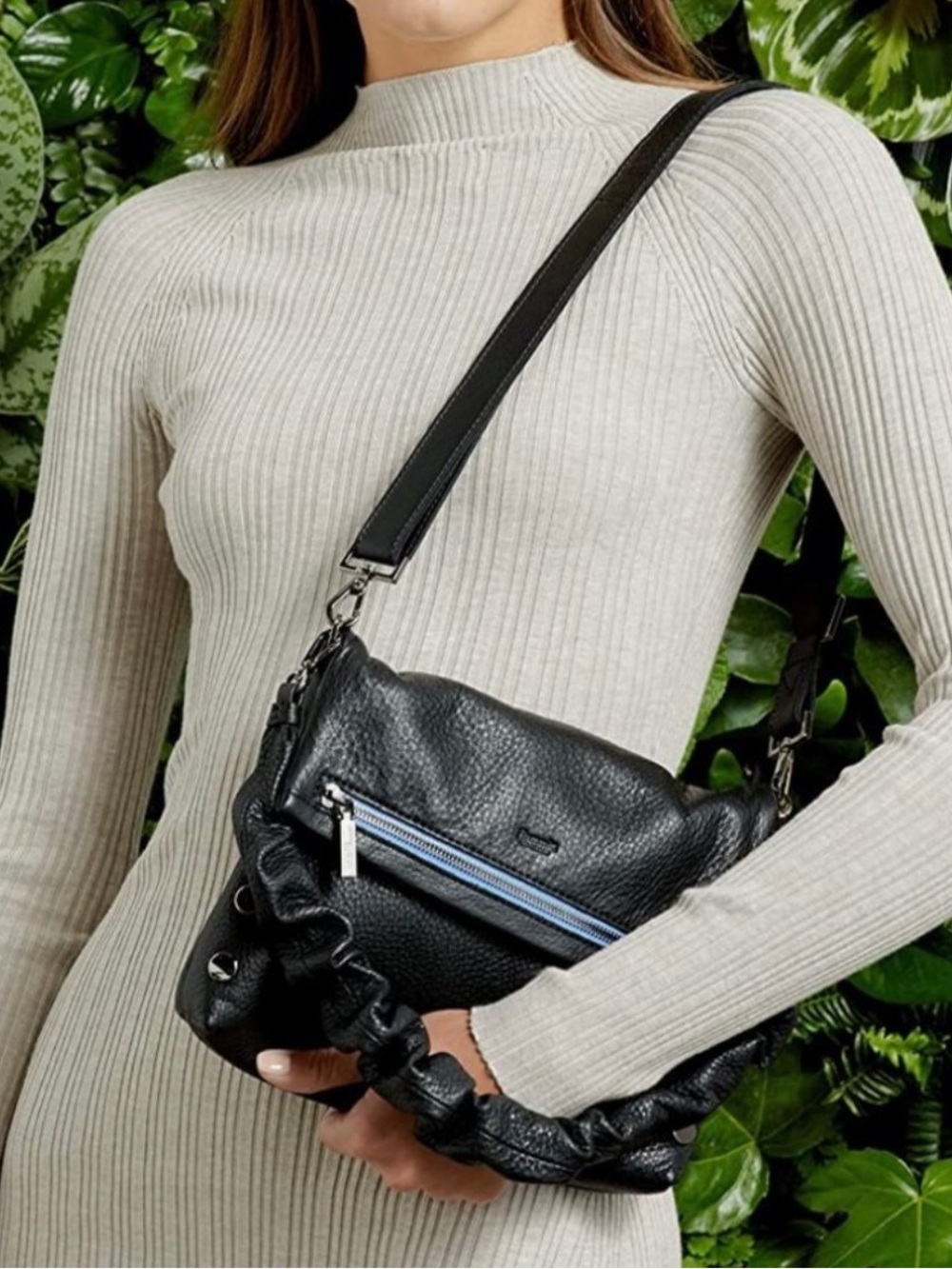 Hammitt • VIP Medium Black Leather Crossbody/Shoulder Bag Ruched Strap